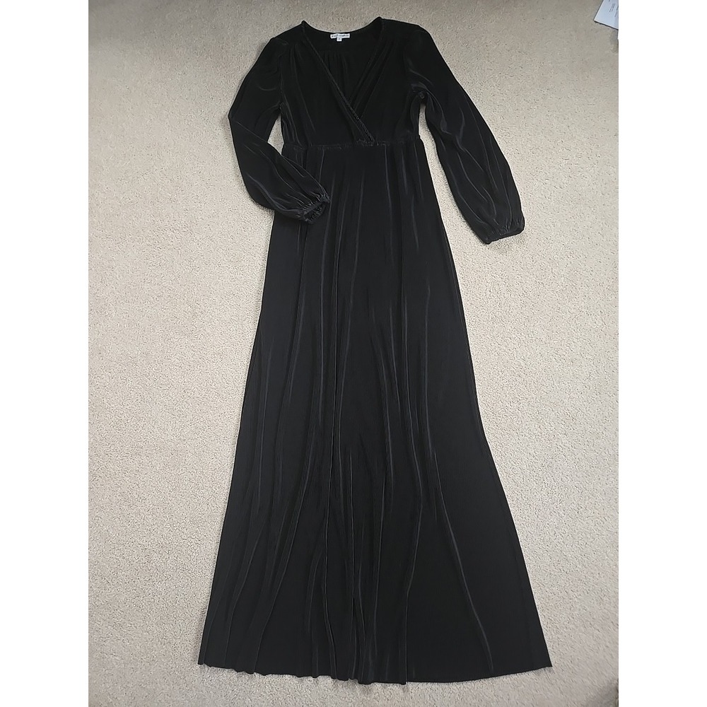 Baltic Born Black Faux Wrap Maxi Dress Sz L - Crushed Velvet Ribbed Holiday Glam - Picture 10 of 12